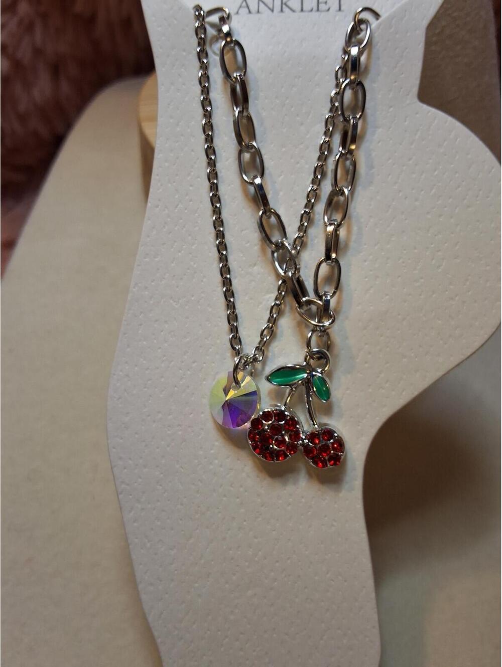 SILVER FASHION CHERRY ANKLET SMALL RHINESTONE BLING RED